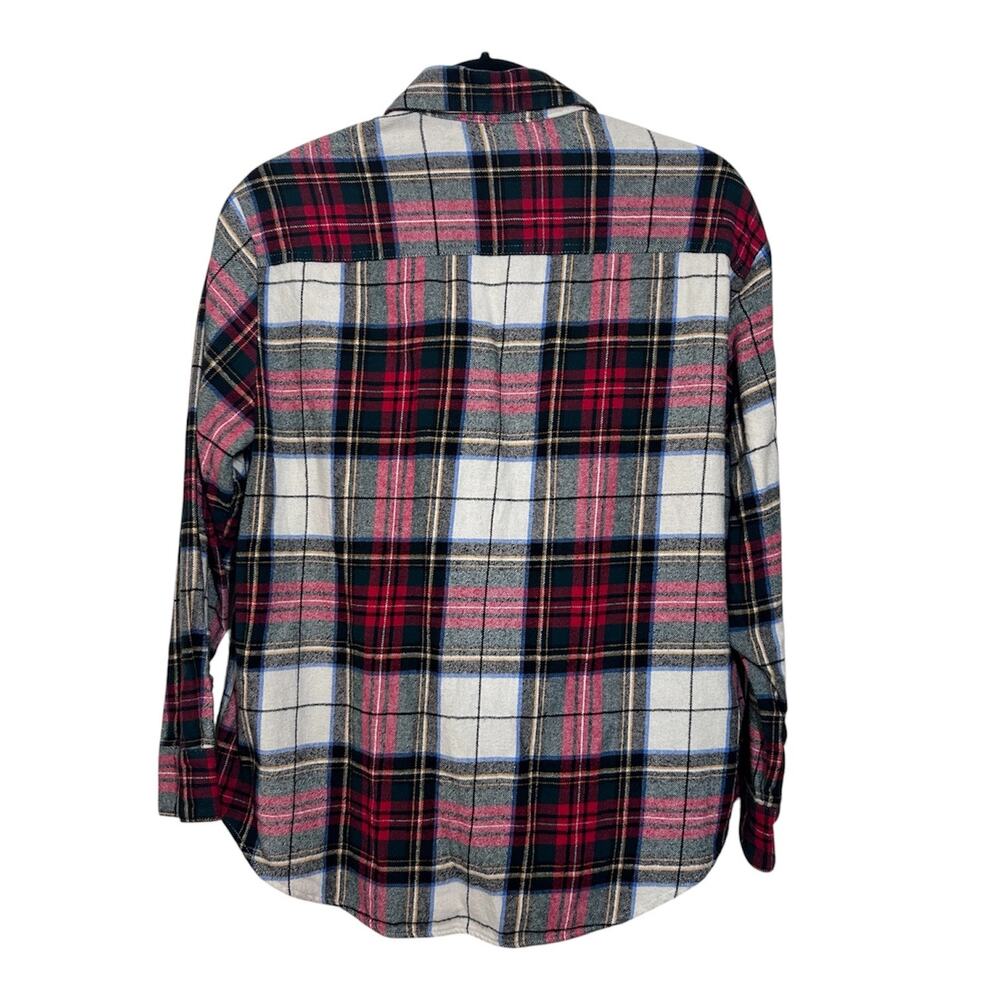Women’s Medium Boyfriend Cut Cotton Winter Cream, Red, & Green Plaid Flannel - Picture 2 of 9